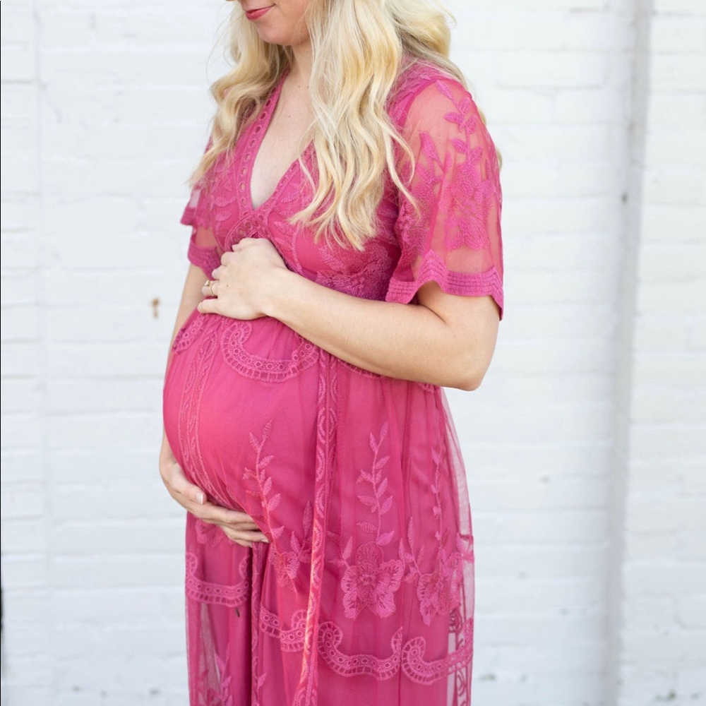 Pink Blush Magenta Lace Mesh Overlay Maternity Maxi Dress